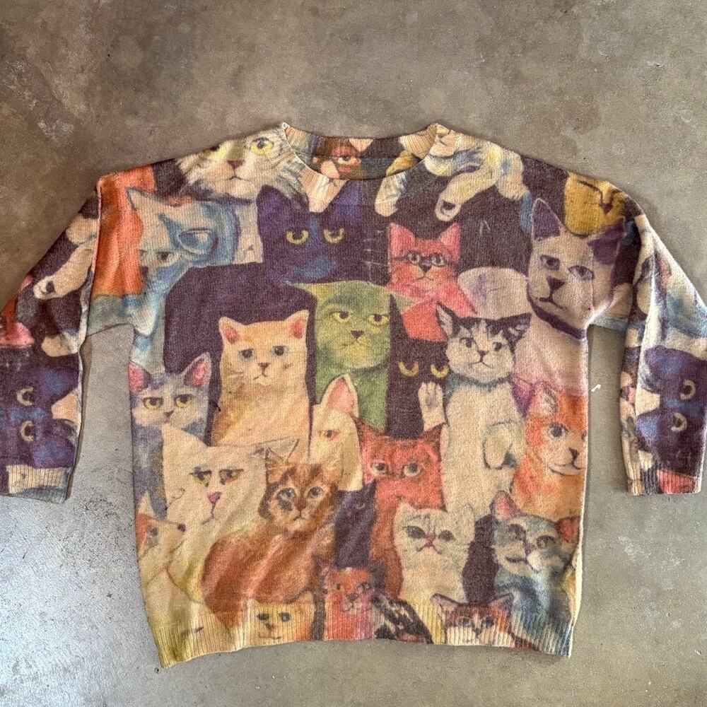 Aop World Of Cats Pullover Wool/Cotton Blend Sweater Womens L
